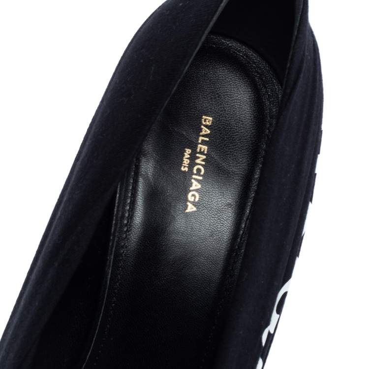 Pre Owned Balenciaga Black Logo Printed Draped Jersey And Leather Knife Pointed Toe Pumps Size 41