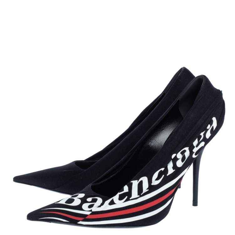 Pre Owned Balenciaga Black Logo Printed Draped Jersey And Leather Knife Pointed Toe Pumps Size 41