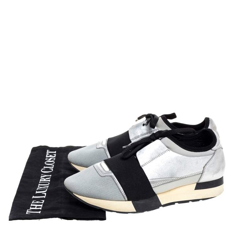 Pre Owned Balenciaga Grey/Silver Leather And Fabric Race Runner Low Top Sneakers Size 37