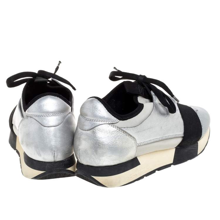 Pre Owned Balenciaga Grey/Silver Leather And Fabric Race Runner Low Top Sneakers Size 37