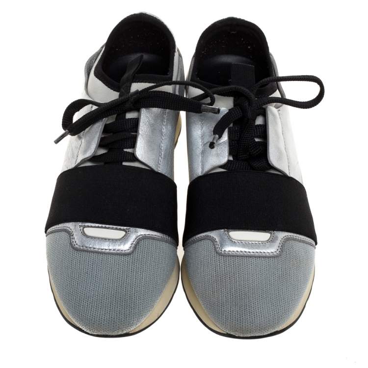 Pre Owned Balenciaga Grey/Silver Leather And Fabric Race Runner Low Top Sneakers Size 37