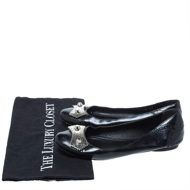 Pre Owned Balenciaga Black Brogue Glossy Leather Metal Arena Ballet Flats Size 36