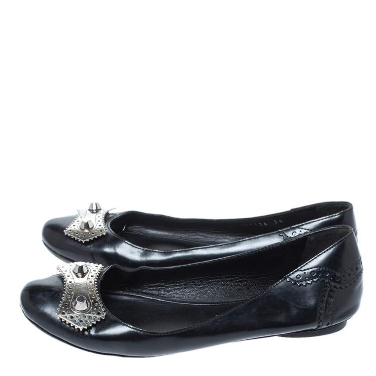 Pre Owned Balenciaga Black Brogue Glossy Leather Metal Arena Ballet Flats Size 36