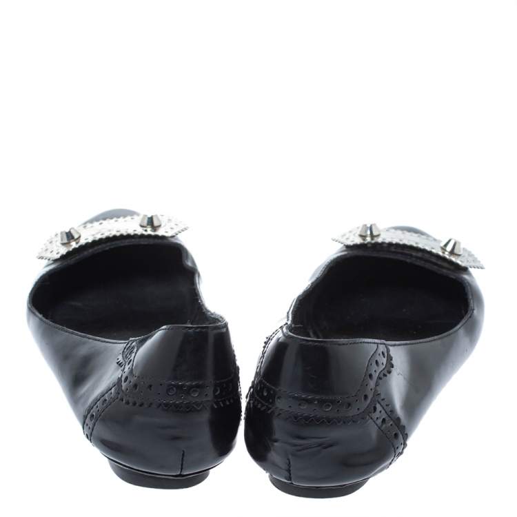 Pre Owned Balenciaga Black Brogue Glossy Leather Metal Arena Ballet Flats Size 36