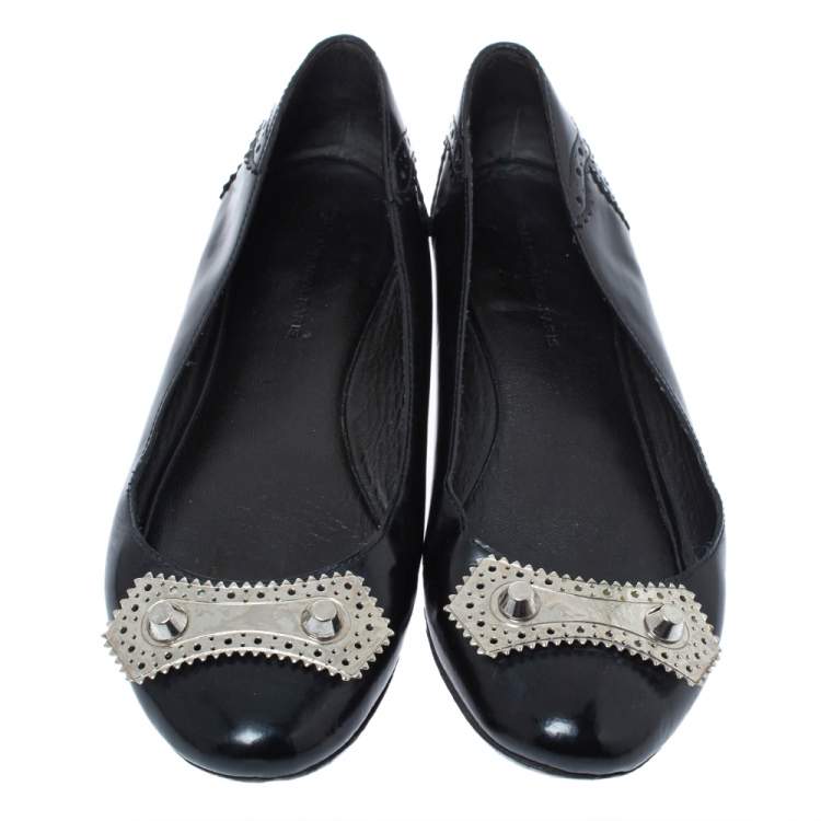 Pre Owned Balenciaga Black Brogue Glossy Leather Metal Arena Ballet Flats Size 36