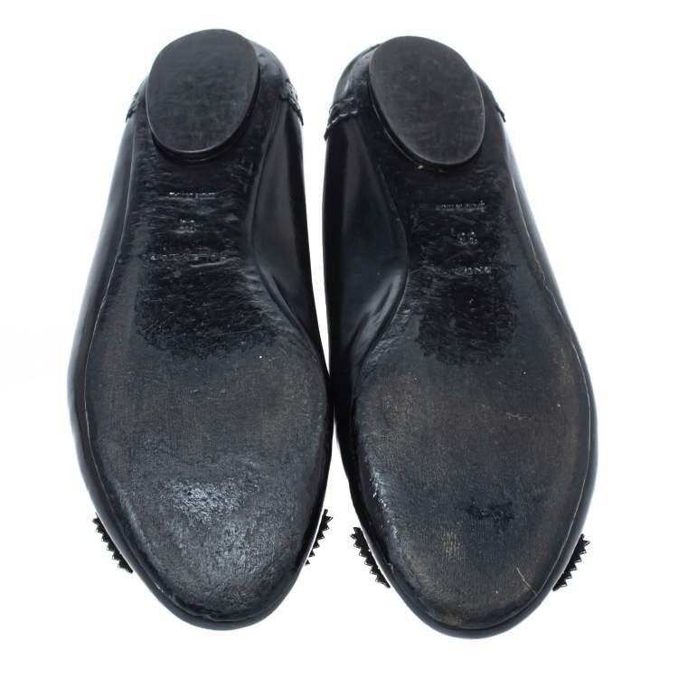 Pre Owned Balenciaga Black Brogue Glossy Leather Metal Arena Ballet Flats Size 36