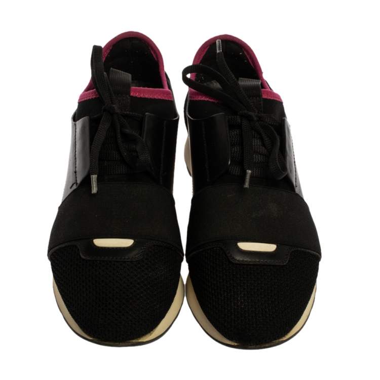 Pre Owned Balenciaga Black Mesh And Leather Race Runners Low Top Sneakers Size 38