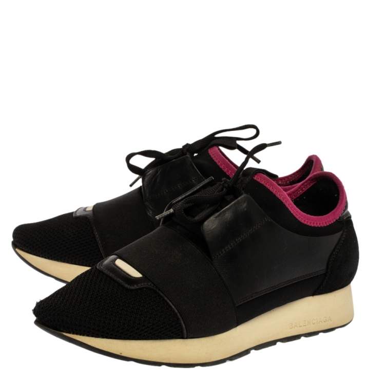 Pre Owned Balenciaga Black Mesh And Leather Race Runners Low Top Sneakers Size 38