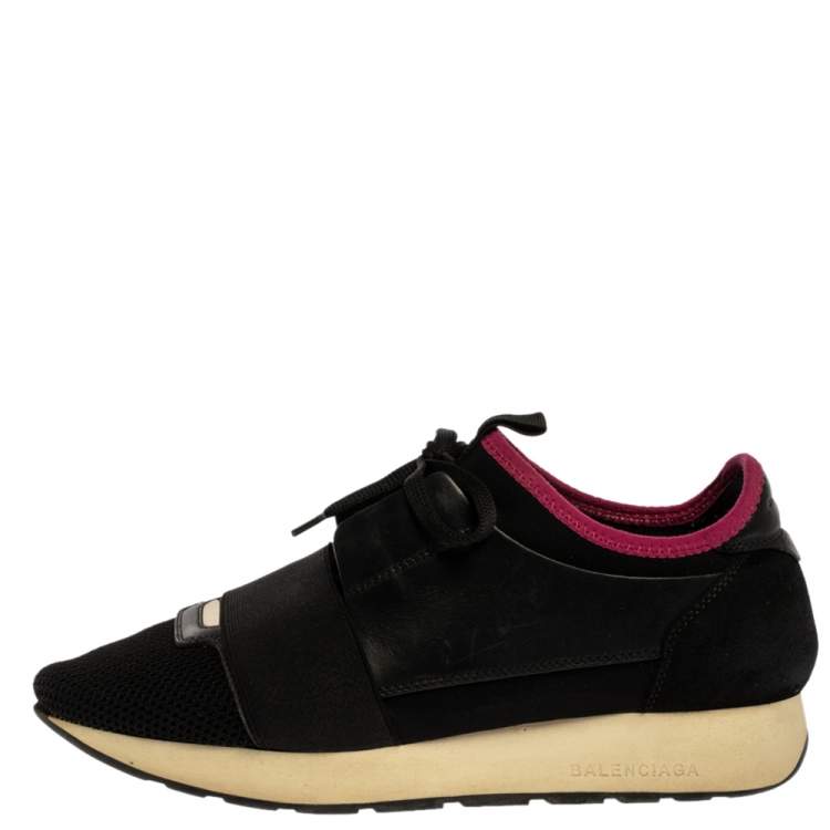 Pre Owned Balenciaga Black Mesh And Leather Race Runners Low Top Sneakers Size 38