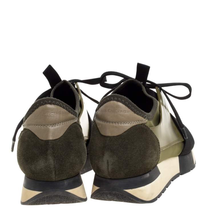 Pre Owned Balenciaga Military Green Leather And Suede Race Runner Low Top Sneakers Size 37