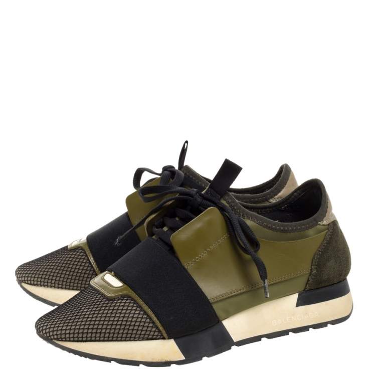 Pre Owned Balenciaga Military Green Leather And Suede Race Runner Low Top Sneakers Size 37