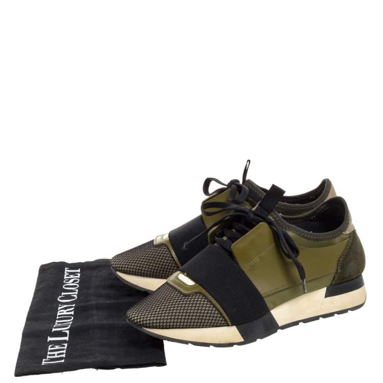 Pre Owned Balenciaga Military Green Leather And Suede Race Runner Low Top Sneakers Size 37