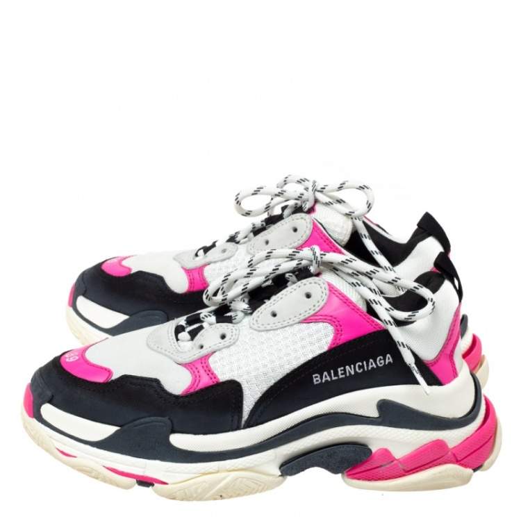 Pre Owned Balenciaga White/Pink Mesh And Leather Triple S Platform Sneakers Size 39