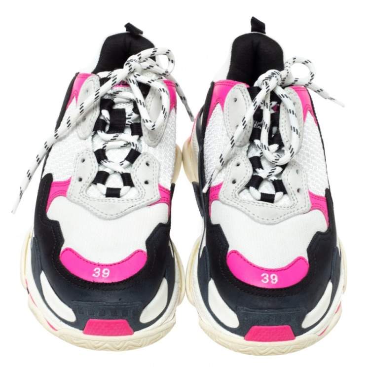 Pre Owned Balenciaga White/Pink Mesh And Leather Triple S Platform Sneakers Size 39