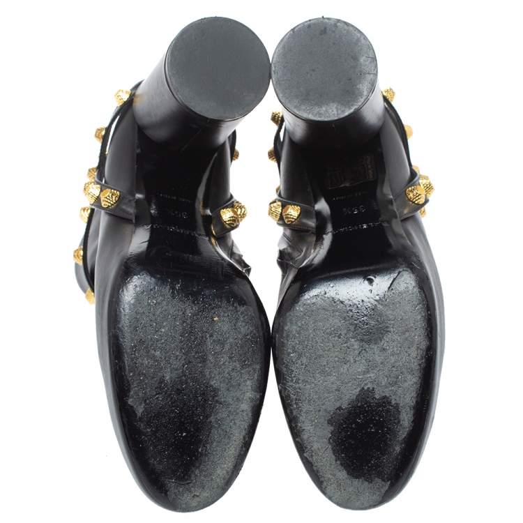 Pre Owned Balenciaga Black Leather Arena Studded Block Heel Ankle Boots Size 35.5