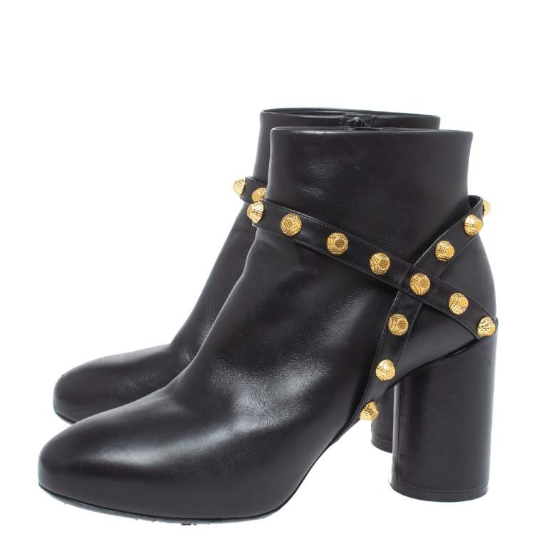 Pre Owned Balenciaga Black Leather Arena Studded Block Heel Ankle Boots Size 35.5