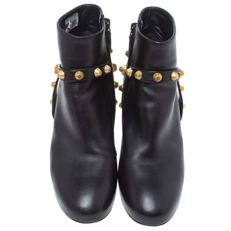 Pre Owned Balenciaga Black Leather Arena Studded Block Heel Ankle Boots Size 35.5