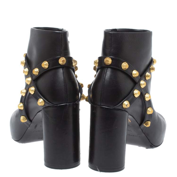 Pre Owned Balenciaga Black Leather Arena Studded Block Heel Ankle Boots Size 35.5