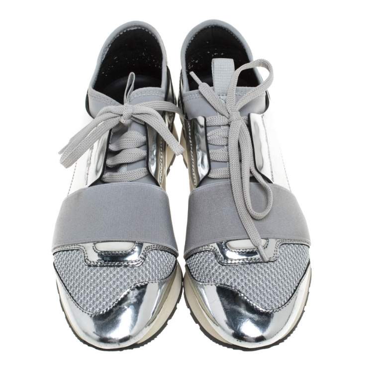 مملوكة مسبقًا Balenciaga Silver/Grey Leather And Mesh Race Runner Low Top Sneakers Size 37