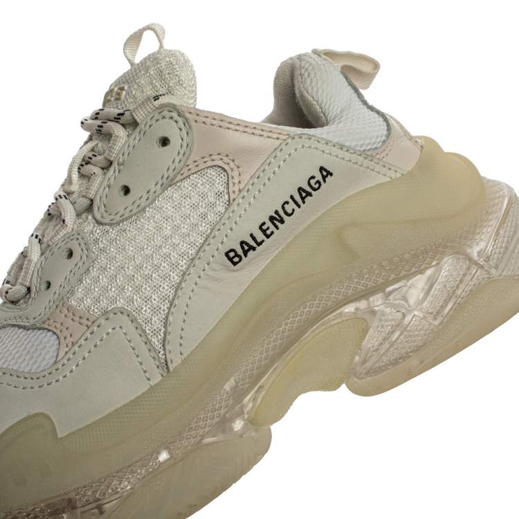 Pre Owned Balenciaga White/Beige Leather And Mesh Triple S Trainer Sneakers Size 37