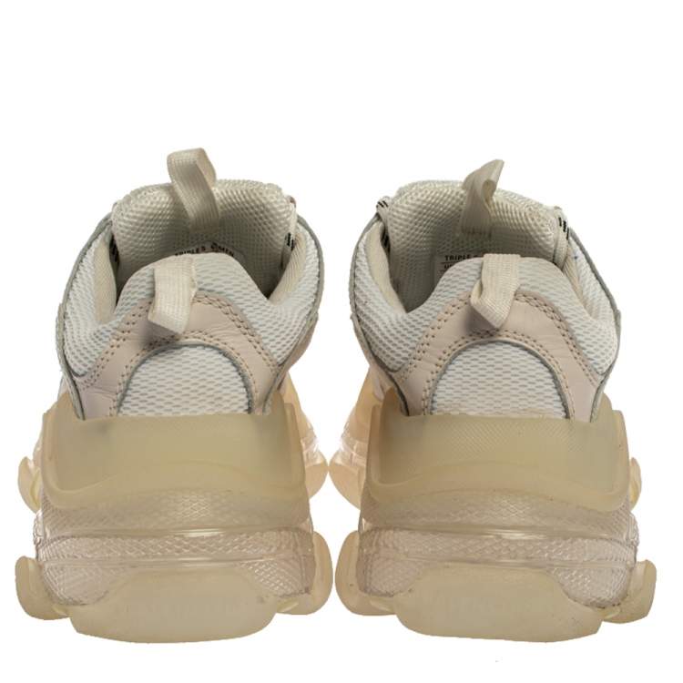 Pre Owned Balenciaga White/Beige Leather And Mesh Triple S Trainer Sneakers Size 37