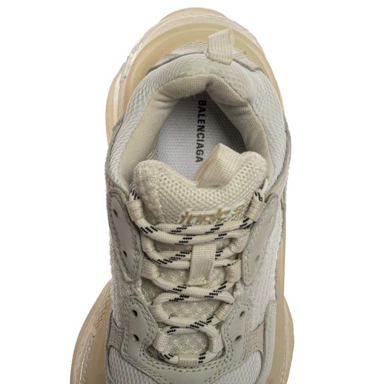 Pre Owned Balenciaga White/Beige Leather And Mesh Triple S Trainer Sneakers Size 37