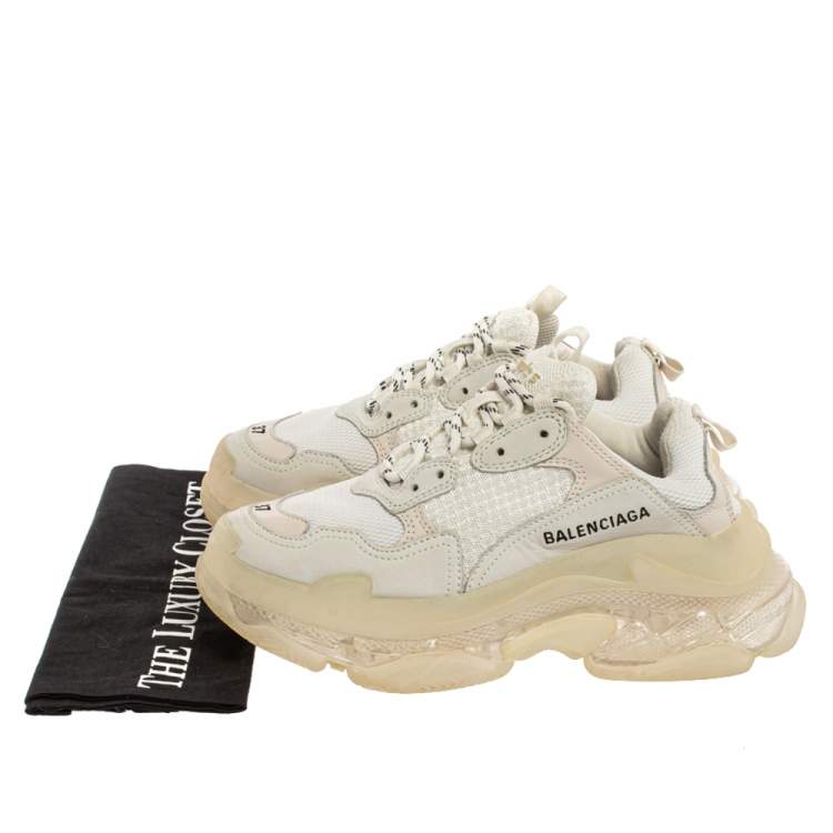 Pre Owned Balenciaga White/Beige Leather And Mesh Triple S Trainer Sneakers Size 37
