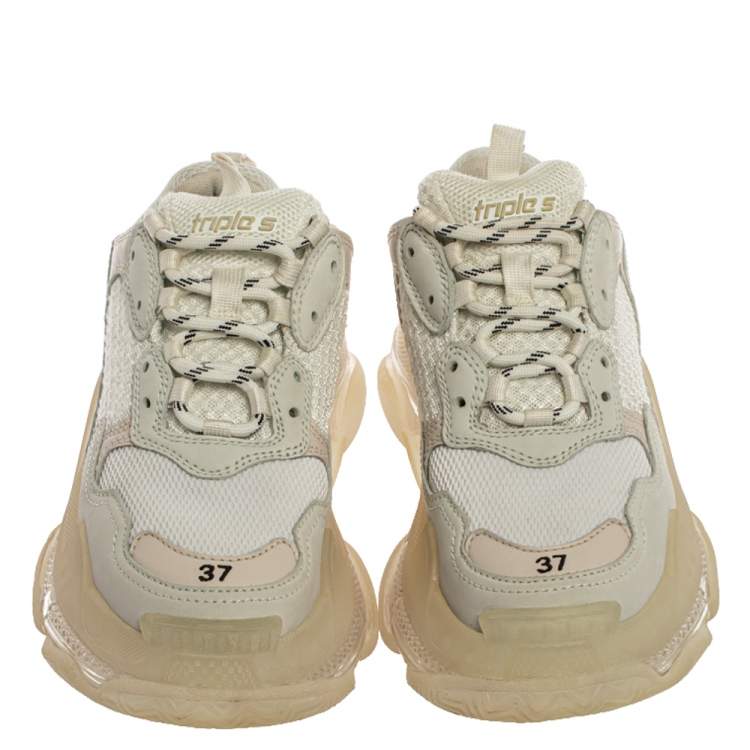 Pre Owned Balenciaga White/Beige Leather And Mesh Triple S Trainer Sneakers Size 37
