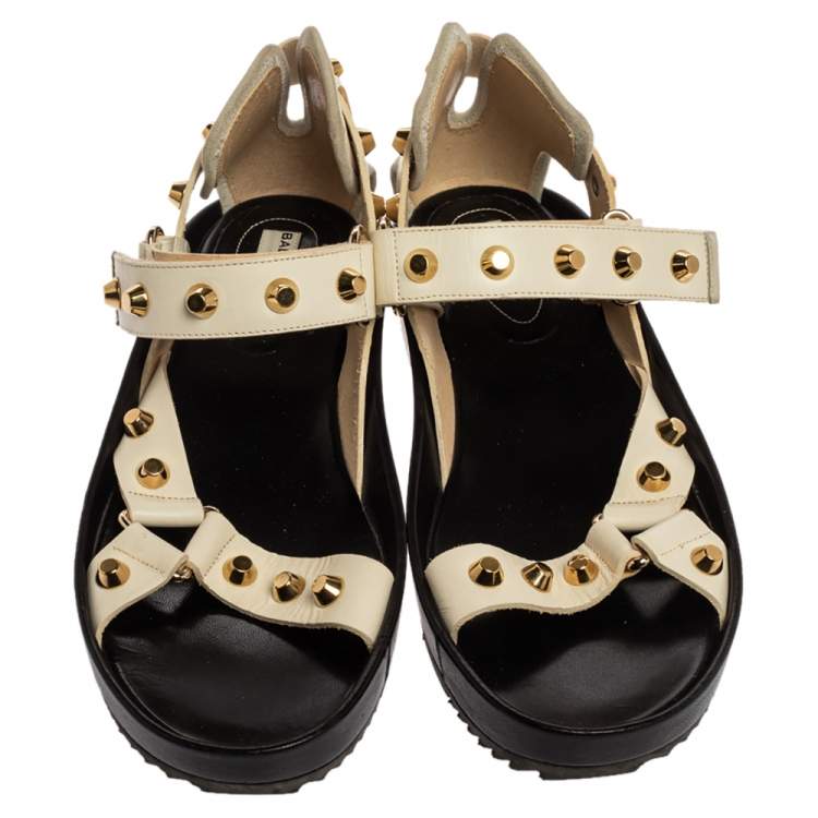 Pre Owned Balenciaga White Leather Arena Studded Platform Sandals Size 40