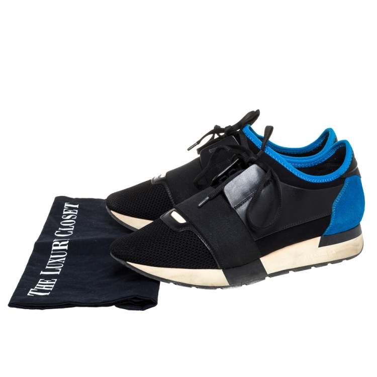 Pre Owned Balenciaga Black/Blue Leather And Mesh Race Runner Low Top Sneakers Size 38