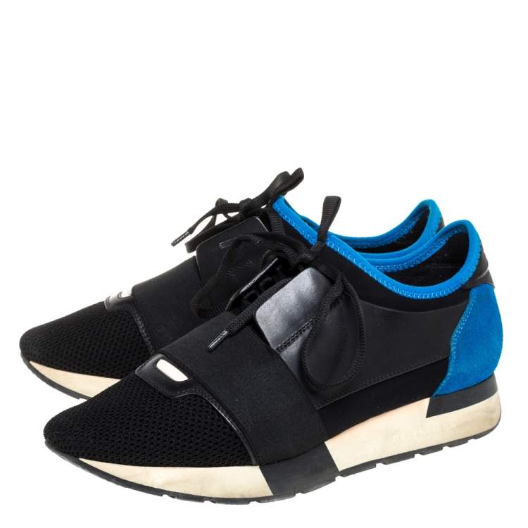 Pre Owned Balenciaga Black/Blue Leather And Mesh Race Runner Low Top Sneakers Size 38