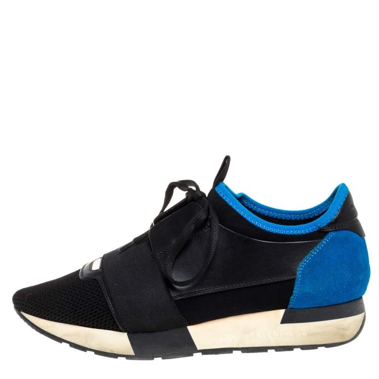 Pre Owned Balenciaga Black/Blue Leather And Mesh Race Runner Low Top Sneakers Size 38