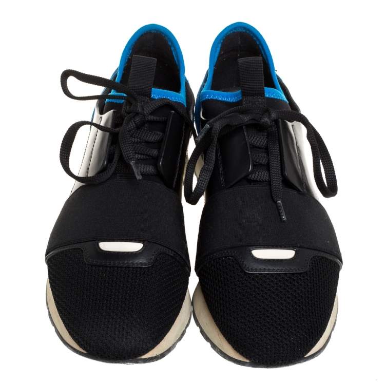 Pre Owned Balenciaga Black/Blue Leather And Mesh Race Runner Low Top Sneakers Size 38