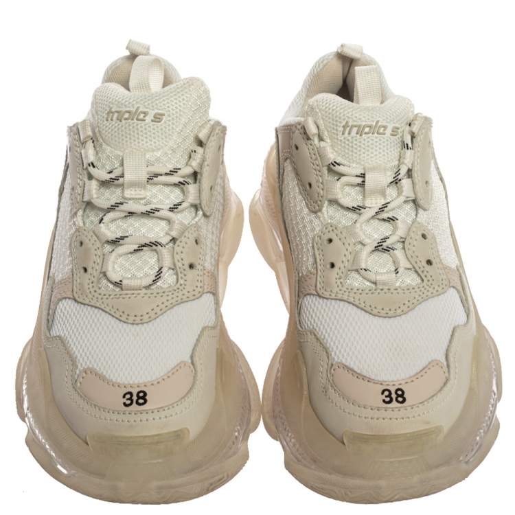 Pre Owned Balenciaga Beige/White Leather And Mesh Triple S Trainer Sneakers Size 38
