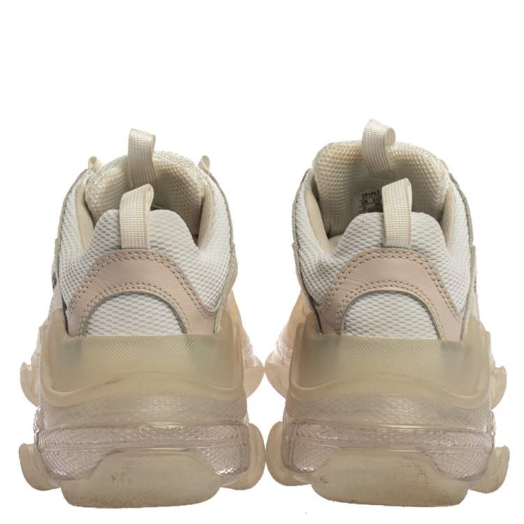 Pre Owned Balenciaga Beige/White Leather And Mesh Triple S Trainer Sneakers Size 38