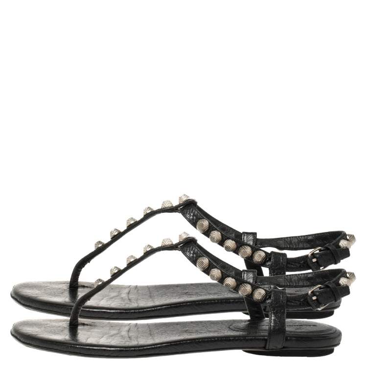 Pre Owned Balenciaga Black Leather Studded Arena Thong Flats Size 37.5