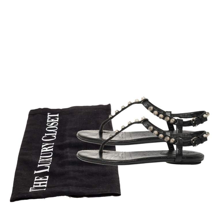 Pre Owned Balenciaga Black Leather Studded Arena Thong Flats Size 37.5