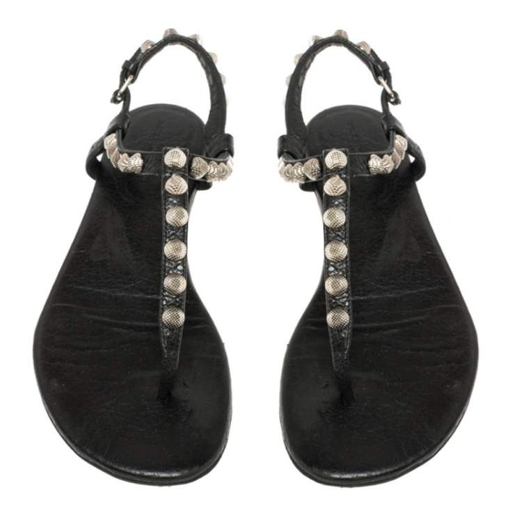 Pre Owned Balenciaga Black Leather Studded Arena Thong Flats Size 37.5