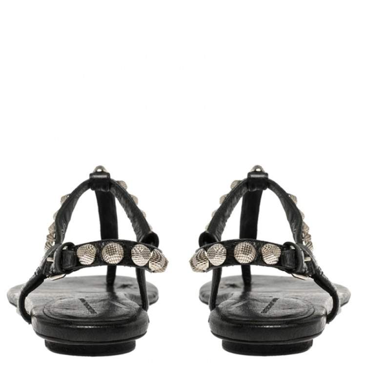 Pre Owned Balenciaga Black Leather Studded Arena Thong Flats Size 37.5