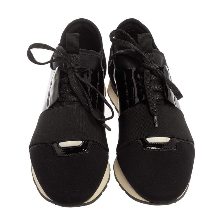 Pre Owned Balenciaga Black Neoprene and Patent Leather Race Runner Sneakers Size 38