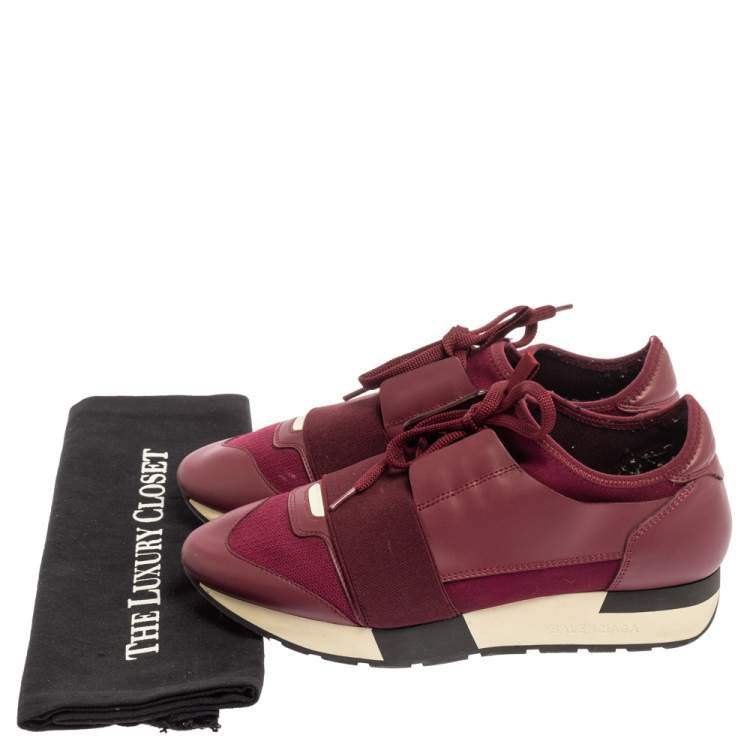 Pre Owned Balenciaga Burgundy Leather And Mesh Race Runner Sneakers Size 37