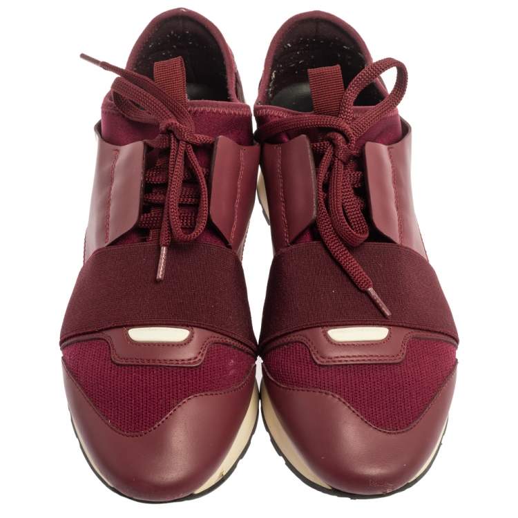Pre Owned Balenciaga Burgundy Leather And Mesh Race Runner Sneakers Size 37