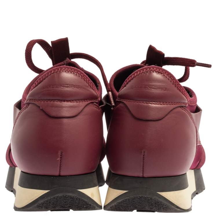 Pre Owned Balenciaga Burgundy Leather And Mesh Race Runner Sneakers Size 37