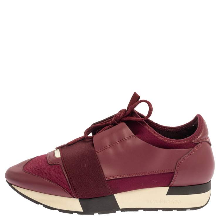 Pre Owned Balenciaga Burgundy Leather And Mesh Race Runner Sneakers Size 37