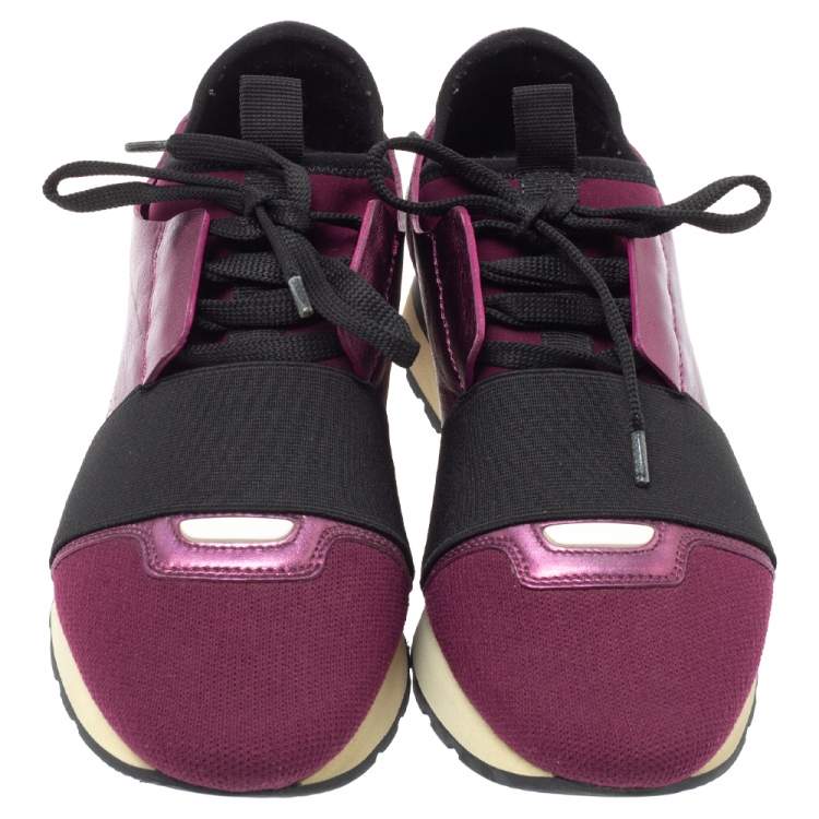 Pre Owned Balenciaga Burgundy Leather And Fabric Race Runner Low Top Sneakers Size 37