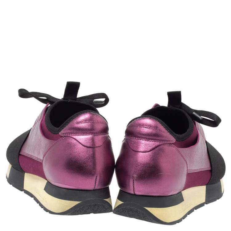 Pre Owned Balenciaga Burgundy Leather And Fabric Race Runner Low Top Sneakers Size 37