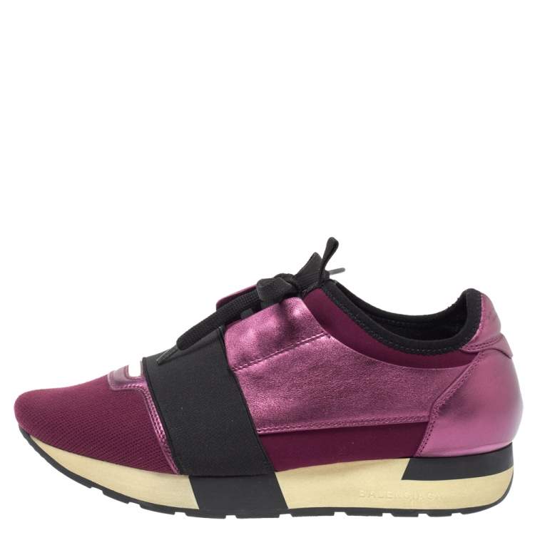 Pre Owned Balenciaga Burgundy Leather And Fabric Race Runner Low Top Sneakers Size 37