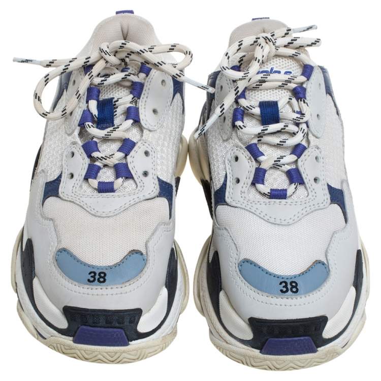 Pre Owned Balenciaga White/Blue Leather And Mesh Triple S Clear Sneakers Size 38