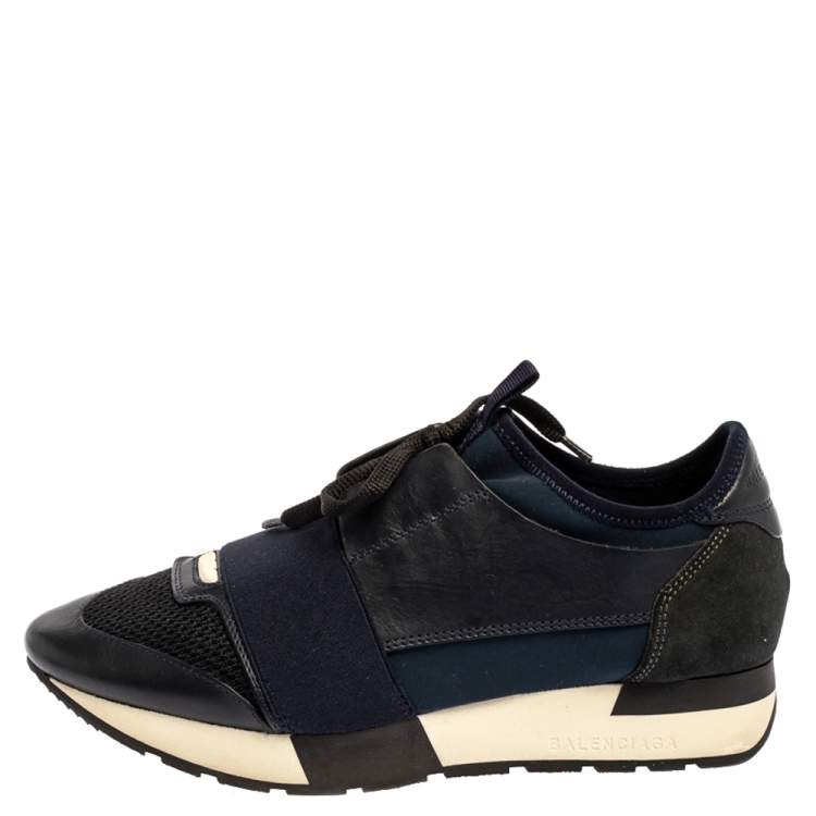 Pre Owned Balenciaga Blue/Black Leather And Mesh Race Runners Sneakers Size 37