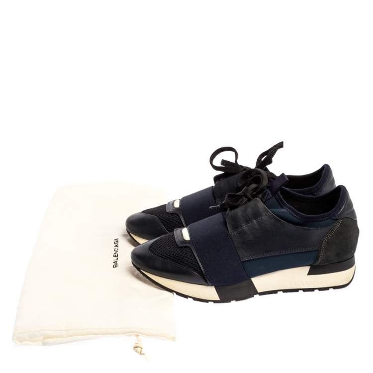 Pre Owned Balenciaga Blue/Black Leather And Mesh Race Runners Sneakers Size 37